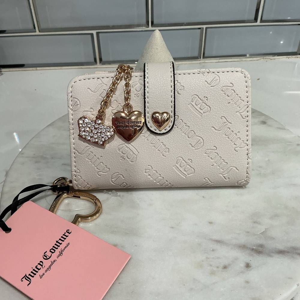 Juicy Couture Cream Embossed Logo Key & Card Holder with Gold Accents